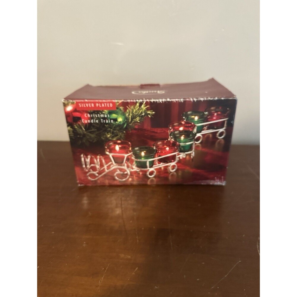 Silver Plated Christmas Candle Train 1 Locomotive 2 Rail Cars Candle 21X3X2